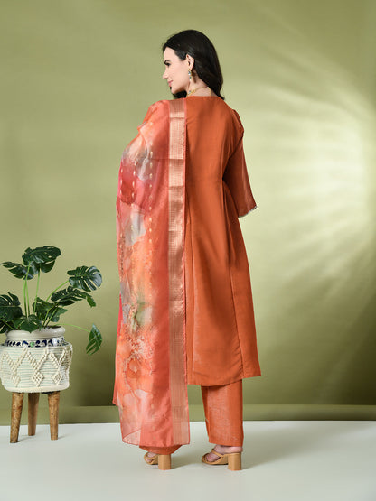 Myshka Women's Embroidered Keyhole Neck Bell Sleeves Kurta & Palazzos With Dupatta Sets in Orange Color