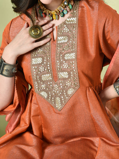 Myshka Women's Embroidered Keyhole Neck Bell Sleeves Kurta & Palazzos With Dupatta Sets in Orange Color