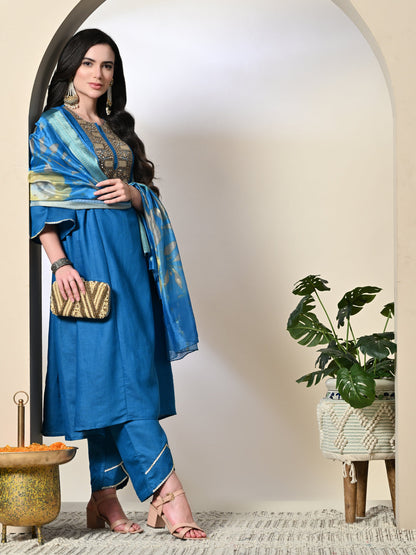 Myshka Women's Embroidered Keyhole Neck Bell Sleeves Kurta & Palazzos With Dupatta Sets in Blue Color