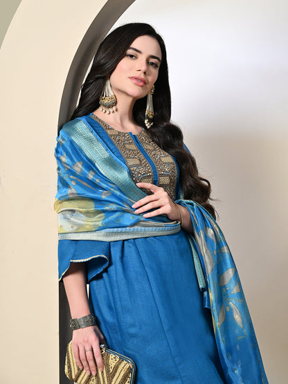 Myshka Women's Embroidered Keyhole Neck Bell Sleeves Kurta & Palazzos With Dupatta Sets in Blue Color