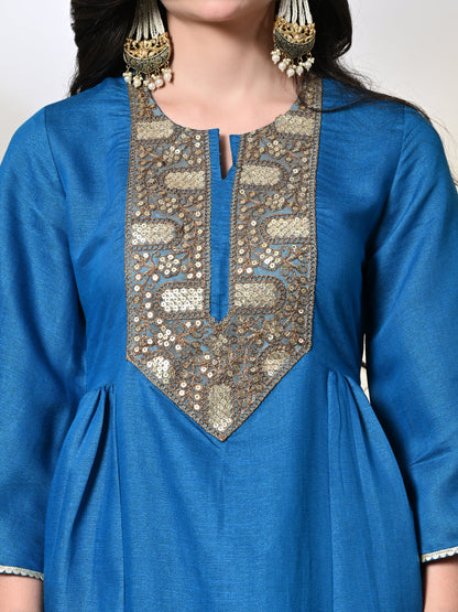 Myshka Women's Embroidered Keyhole Neck Bell Sleeves Kurta & Palazzos With Dupatta Sets in Blue Color