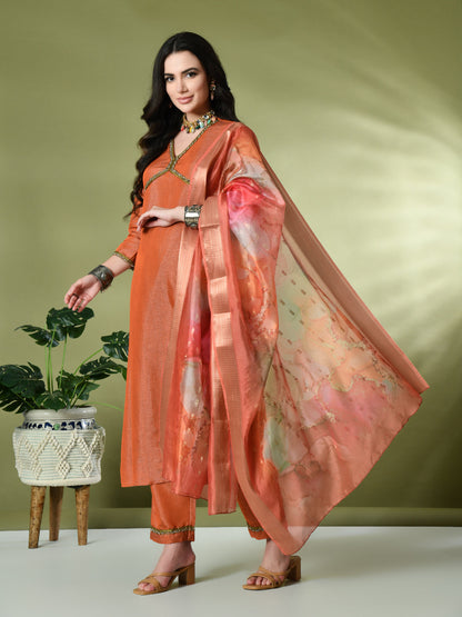 Myshka Women's Solid V-Neck Regular Sleeves Kurta & Palazzos With Dupatta Sets in Orange Color