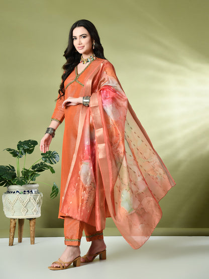 Myshka Women's Solid V-Neck Regular Sleeves Kurta & Palazzos With Dupatta Sets in Orange Color