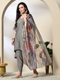 Myshka Women's Solid V-Neck Bell Sleeves Kurta & Dhoti Pants With Printed Dupatta Sets in Grey Color