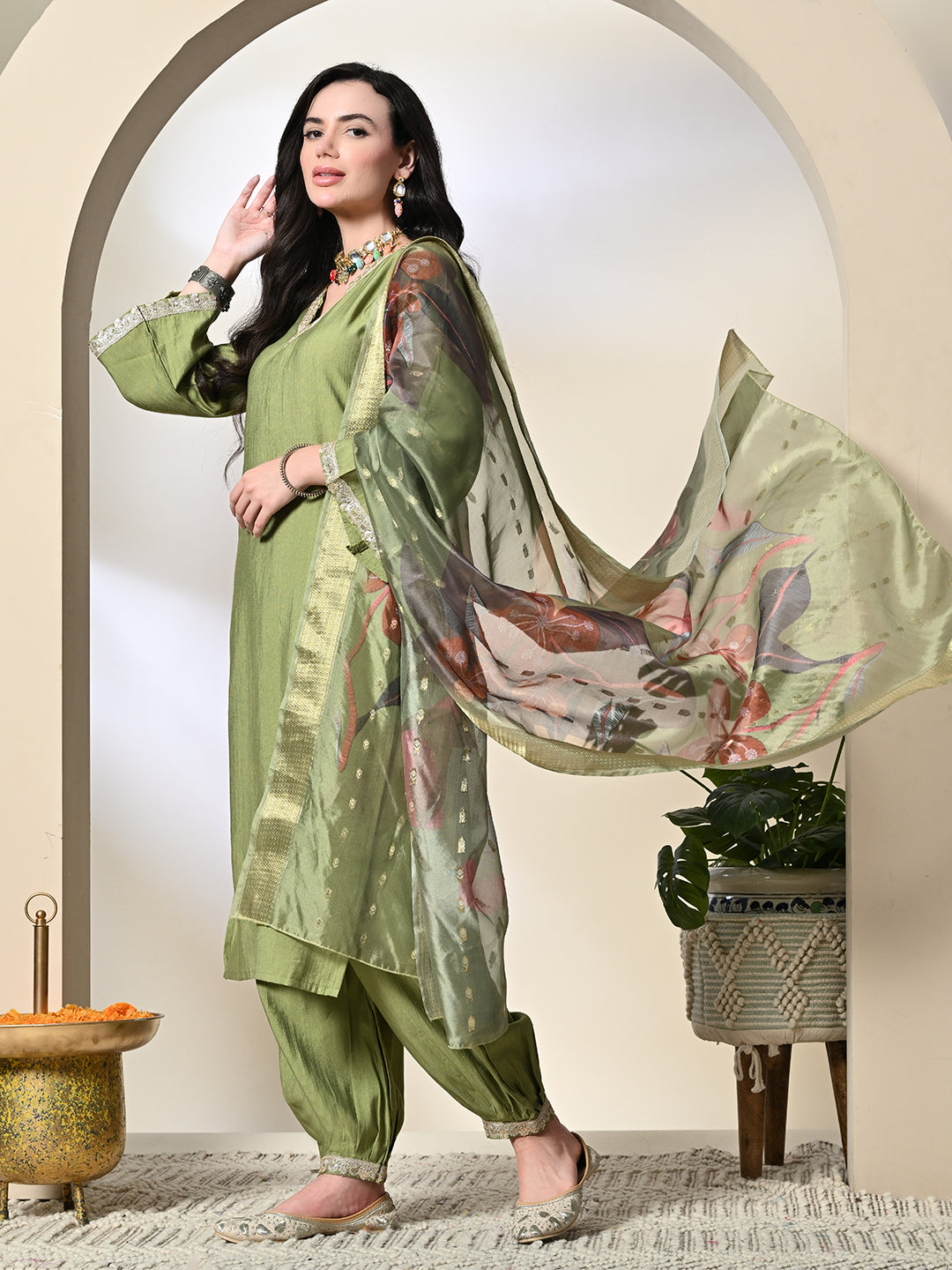 Myshka Women's Embroidered V-Neck Bell Sleeves Kurta & Salwar With Printed Dupatta Sets in Green Color