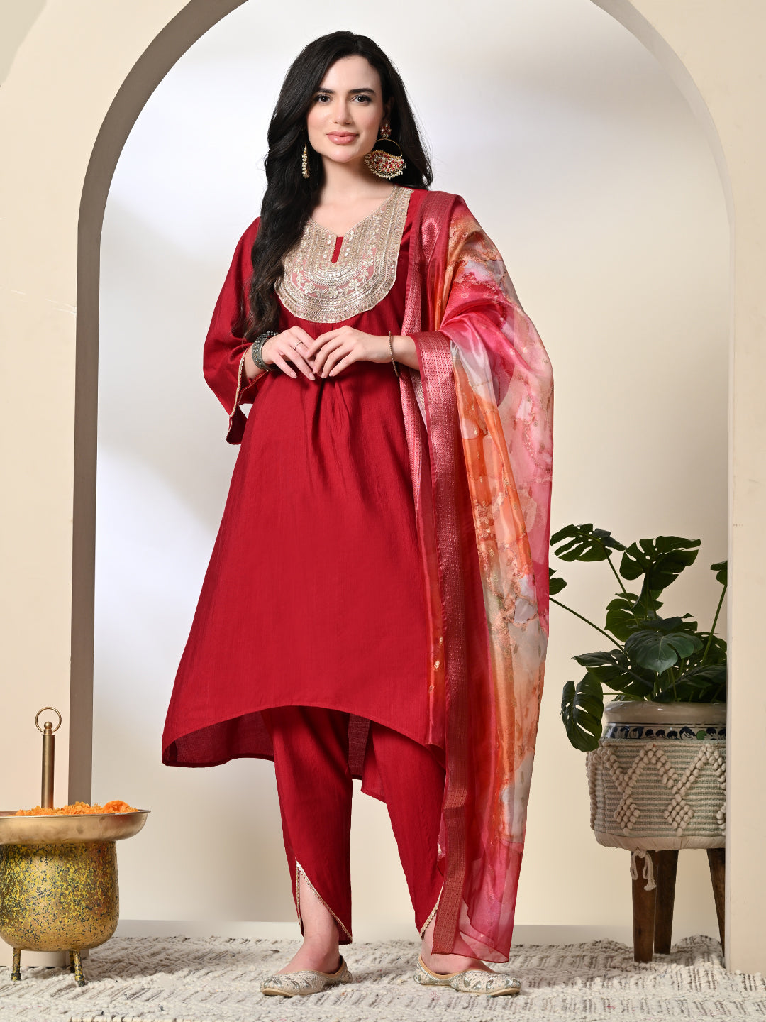 Myshka Women's Embroidered V-Neck Bell Sleeves Kurta & Dhoti Pants With Printed Dupatta Sets in Red Color