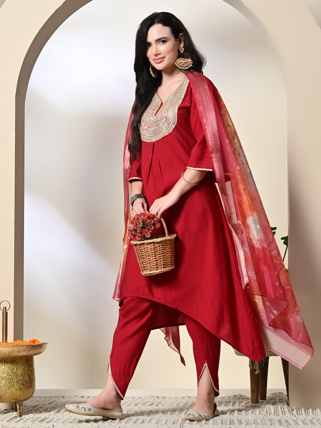 Myshka Women's Embroidered V-Neck Bell Sleeves Kurta & Dhoti Pants With Printed Dupatta Sets in Red Color
