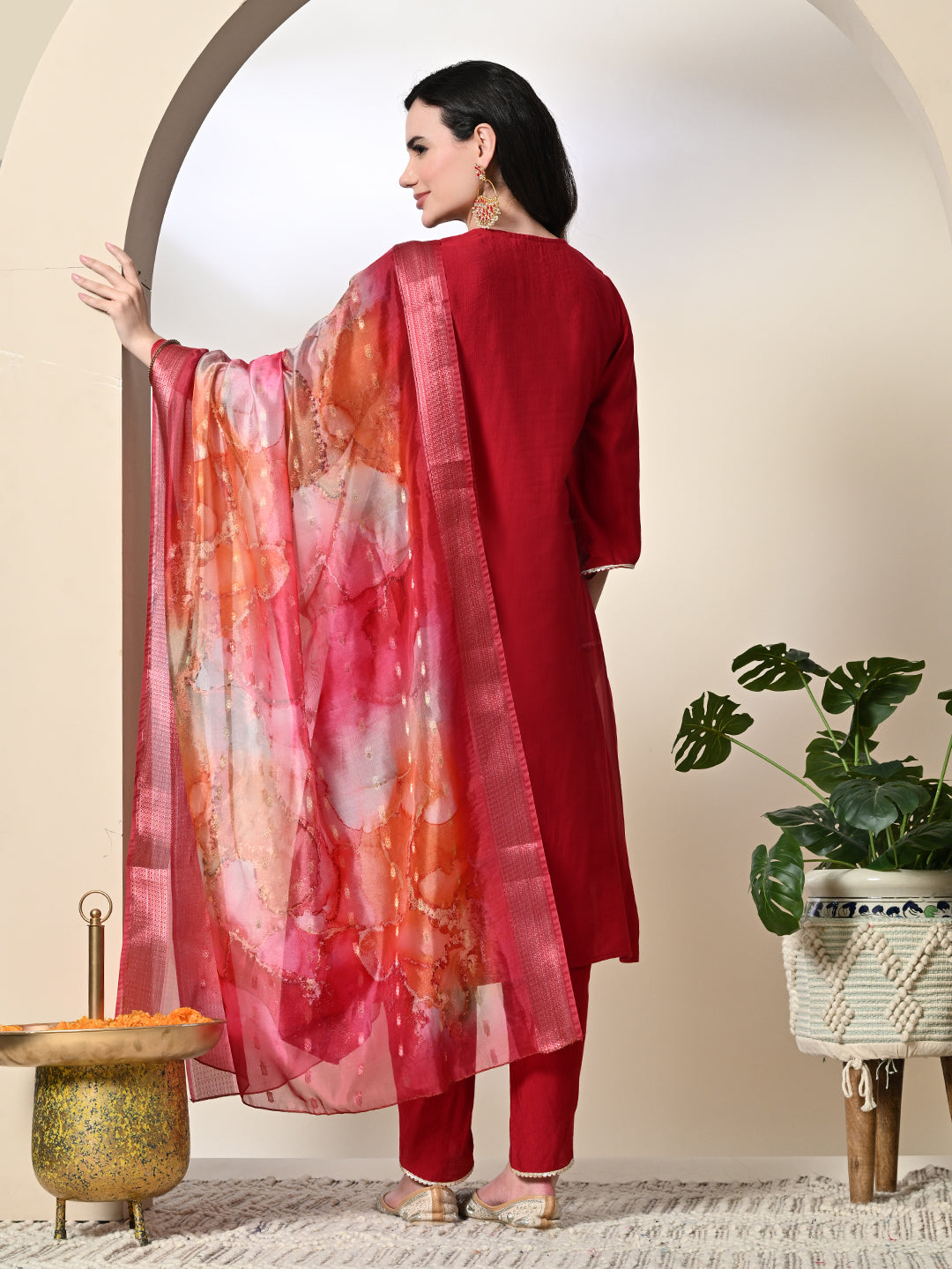 Myshka Women's Embroidered V-Neck Bell Sleeves Kurta & Dhoti Pants With Printed Dupatta Sets in Red Color
