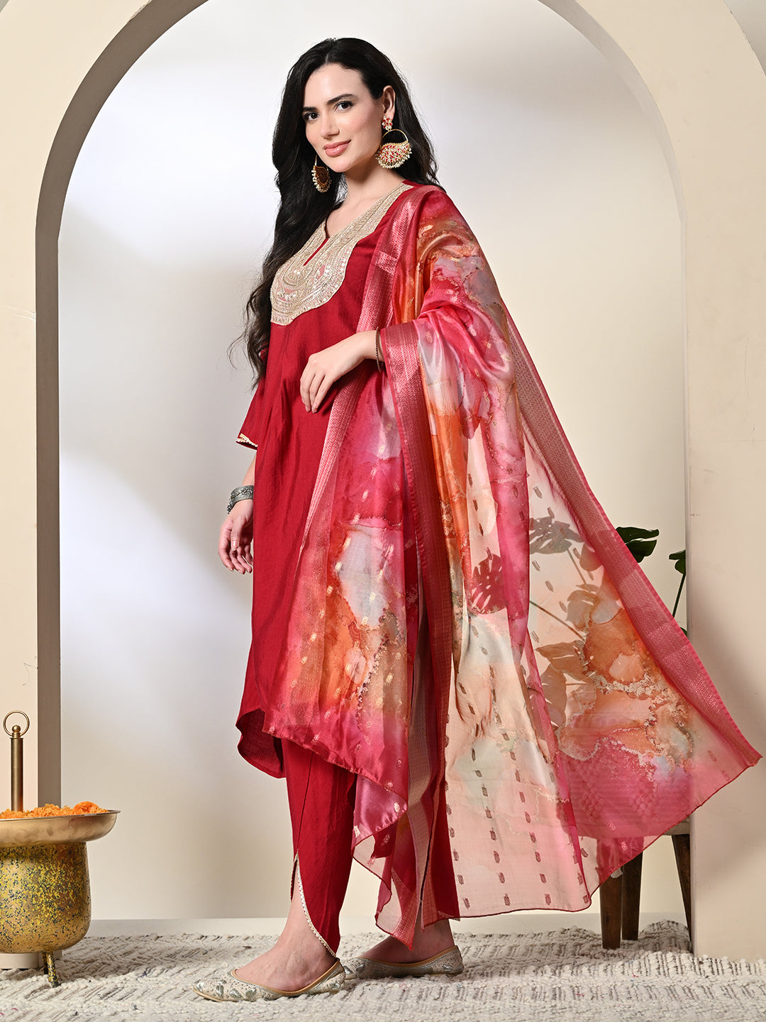 Myshka Women's Embroidered V-Neck Bell Sleeves Kurta & Dhoti Pants With Printed Dupatta Sets in Red Color