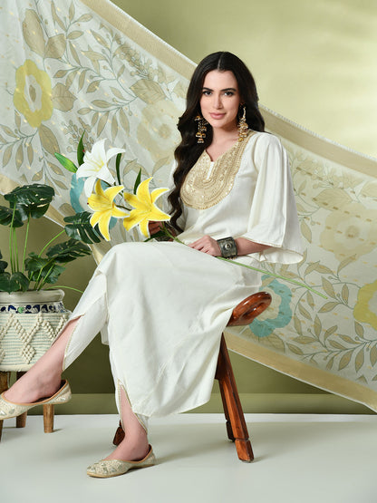 Myshka Women's Embroidered V-Neck Bell Sleeves Kurta & Dhoti Pants With Printed Dupatta Sets in White Color