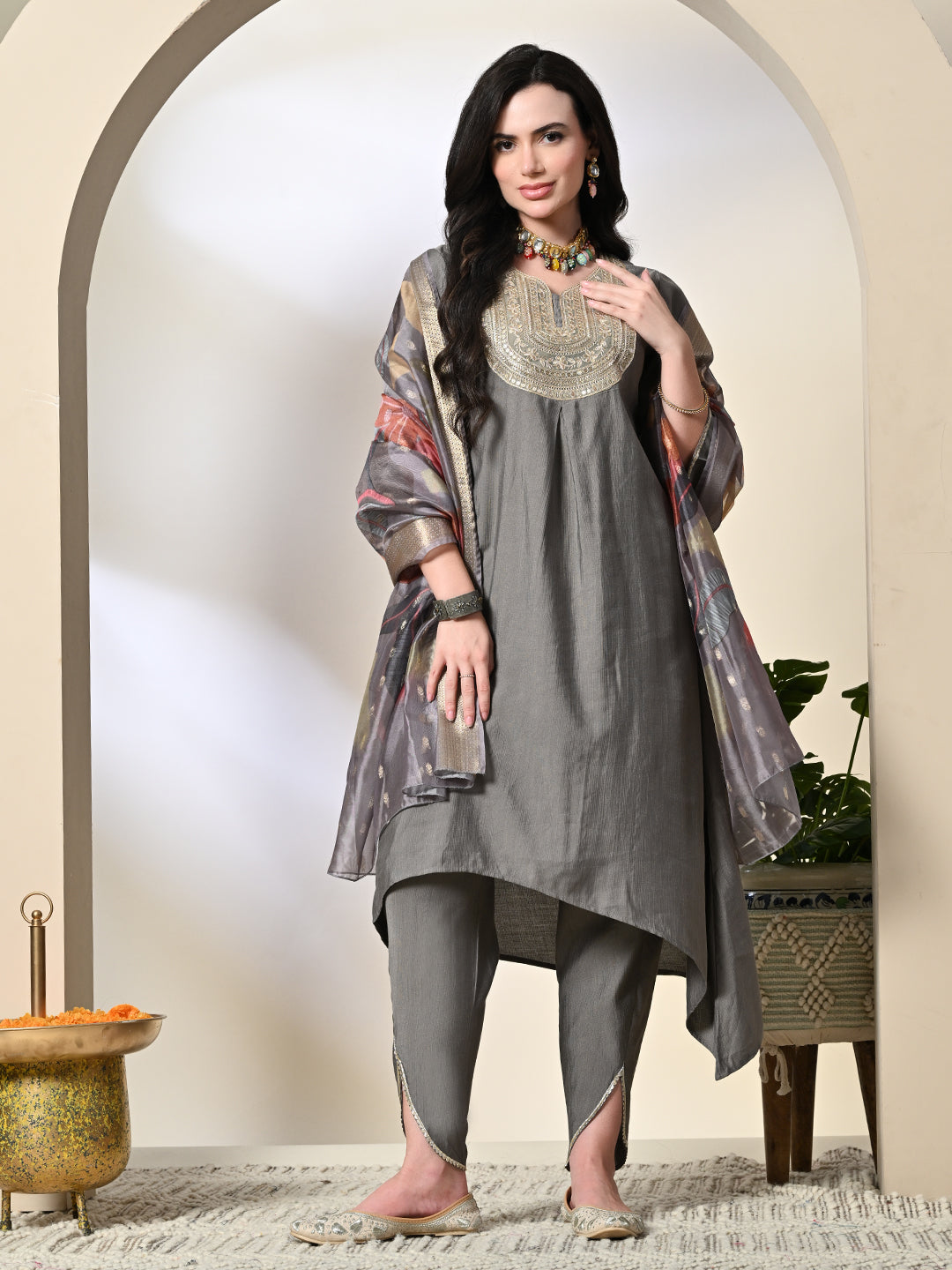 Myshka Women's Embroidered V-Neck Bell Sleeves Kurta & Dhoti Pants With Printed Dupatta Sets in Grey Color