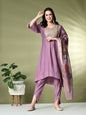 Myshka Women's Embroidered V-Neck Bell Sleeves Kurta & Dhoti Pants With Printed Dupatta Sets in Lavender Color