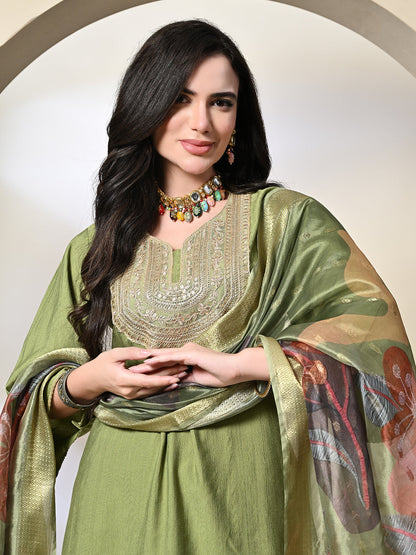 Myshka Women's Embroidered V-Neck Bell Sleeves Kurta & Dhoti Pants With Printed Dupatta Sets in Green Color