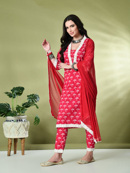 Myshka Women's Printed V-Neck Bell Sleeves Kurta & Trousers With Dupatta Sets in Pink Color