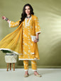Myshka Women's Printed V-Neck Bell Sleeves Kurta & Trousers With Dupatta Sets in Yellow Color