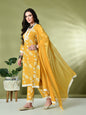 Myshka Women's Printed V-Neck Bell Sleeves Kurta & Trousers With Dupatta Sets in Yellow Color