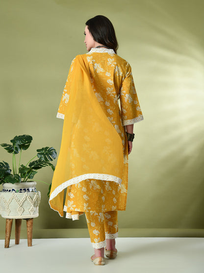 Myshka Women's Printed V-Neck Bell Sleeves Kurta & Trousers With Dupatta Sets in Yellow Color