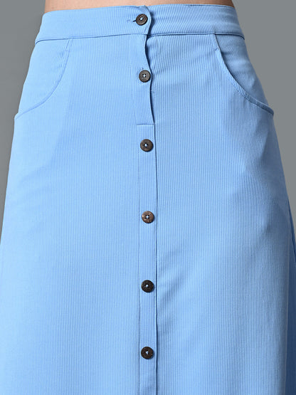 Myshka Women's Solid Ribbed A-Line Embellished Casual Skirt in Blue Color