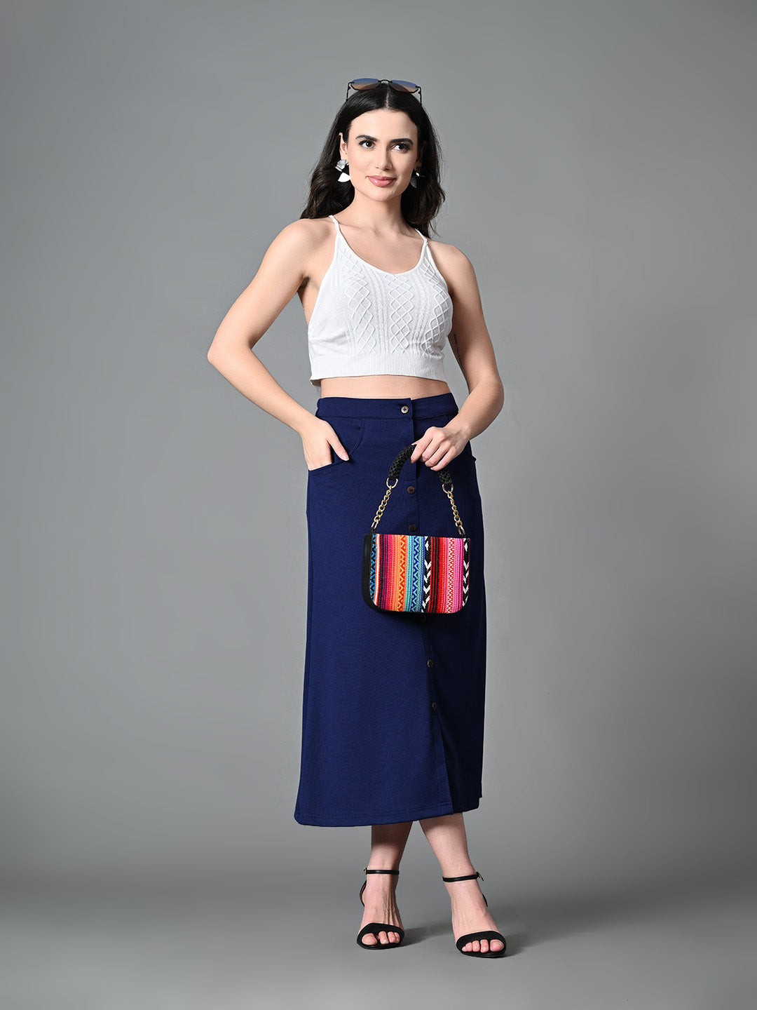 Myshka Women's Solid Ribbed A-Line Embellished Casual Skirt in Navy Blue Color