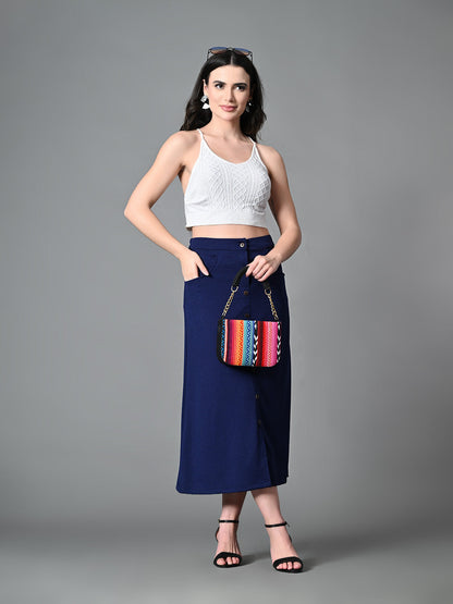 Myshka Women's Solid Ribbed A-Line Embellished Casual Skirt in Navy Blue Color
