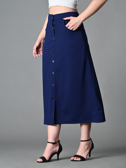 Myshka Women's Solid Ribbed A-Line Embellished Casual Skirt in Navy Blue Color