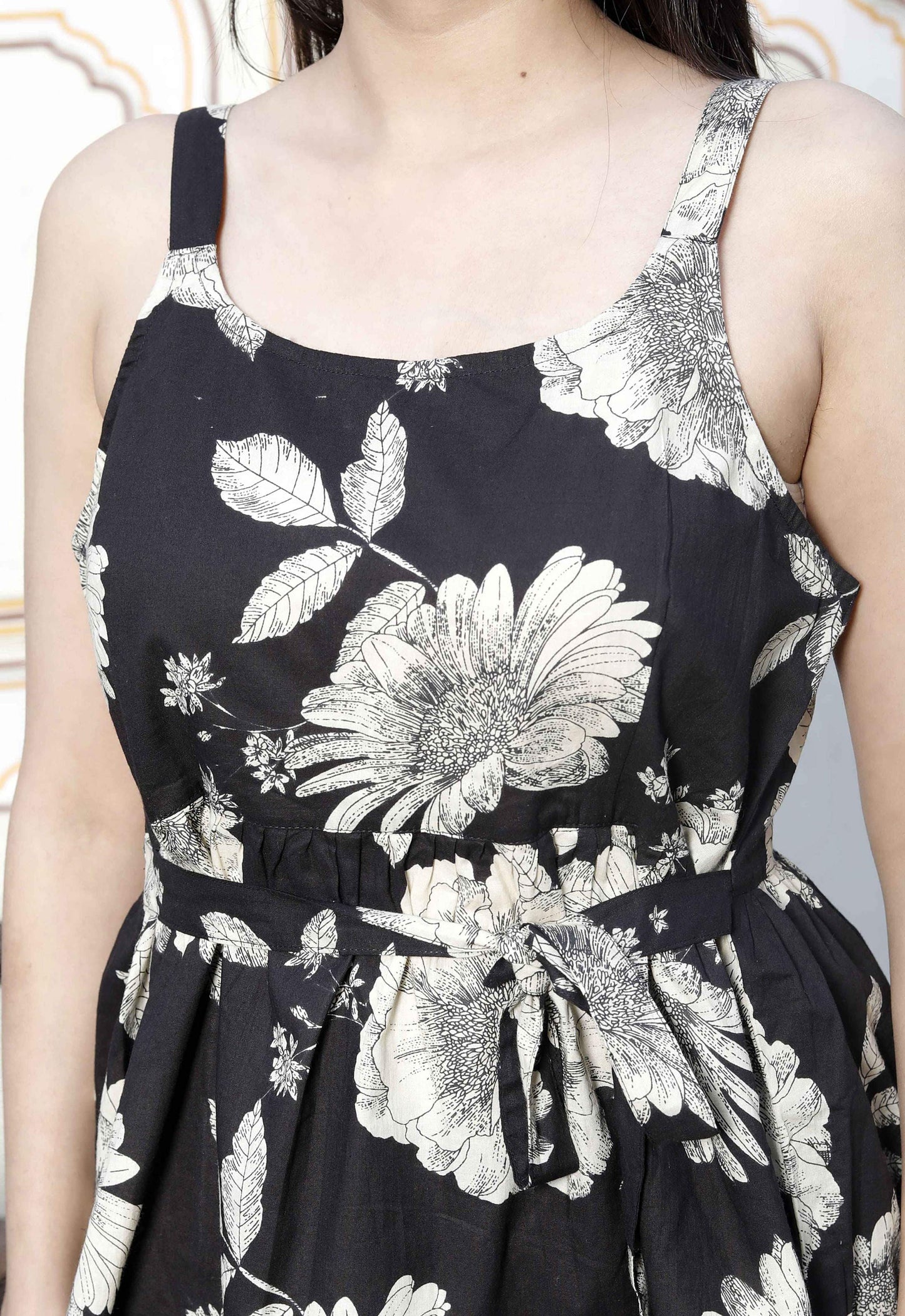 Miravan Women's Pure Cotton Black Floral Print Flared Strappy Noodle PeplumTop