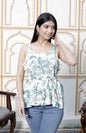 Miravan Women's Pure Cotton Shoulder Straps Light Green Bird And Leaf Printed Flared Top