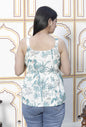 Miravan Women's Pure Cotton Shoulder Straps Light Green Bird And Leaf Printed Flared Top