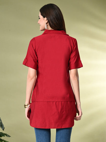 Myshka Women's Solid A-Line Collared Neck Casual Tunic In Red Color