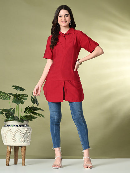 Myshka Women's Solid A-Line Collared Neck Casual Tunic In Red Color