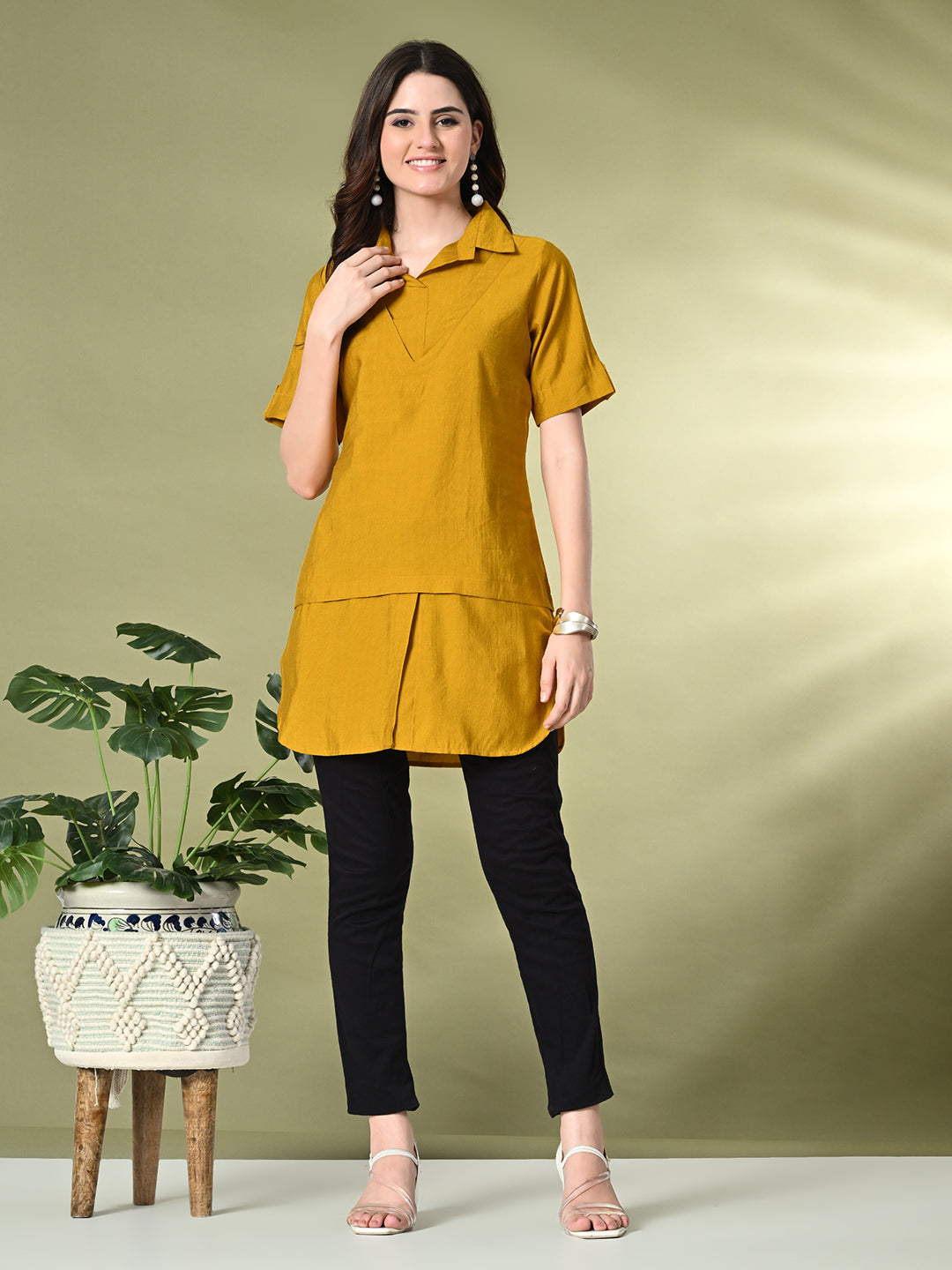 Myshka Women's Solid A-Line Collared Neck Casual Tunic In Mustard Color