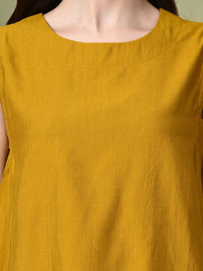Myshka Women's Solid Embellished Sleeveless Casual Tops In Mustard Color