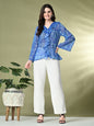 Myshka Women's Printed Georgette Embellished Long Sleeves Casual Tops In Blue Color