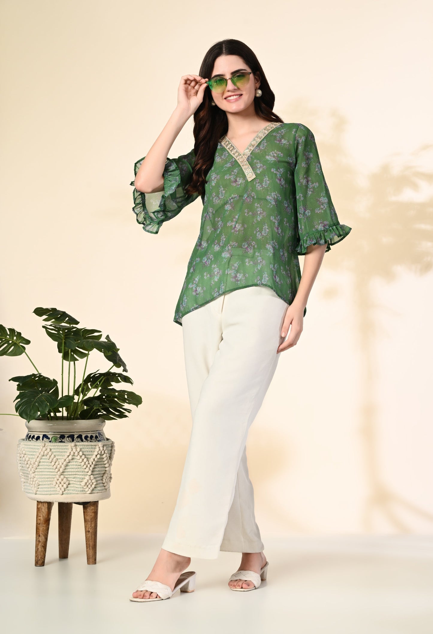 Myshka Women's Printed Georgette Embellished Bell Sleeves Party Tops In Green Color