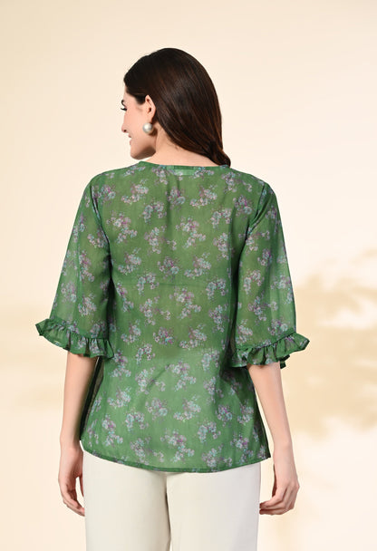 Myshka Women's Printed Georgette Embellished Bell Sleeves Party Tops In Green Color