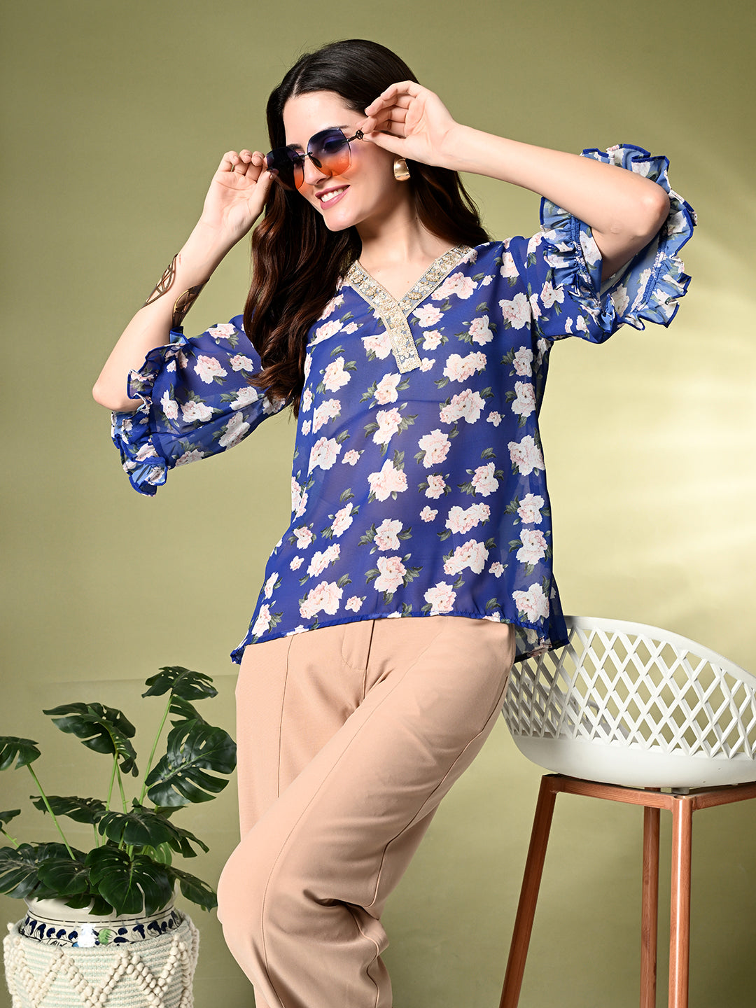 Myshka Women's Printed Georgette Embellished Bell Sleeves Party Tops In Blue Color