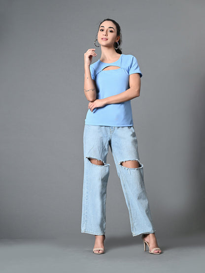 Myshka Women's Ribbed Round Neck Cut-out Short Sleeves Top in Blue Color