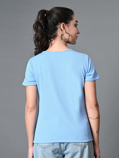 Myshka Women's Ribbed Round Neck Cut-out Short Sleeves Top in Blue Color
