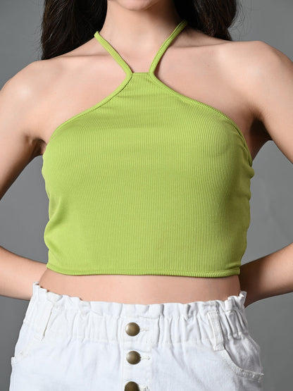Myshka Women's Ribbed Halter Neck Sleeveless Top in Green Color