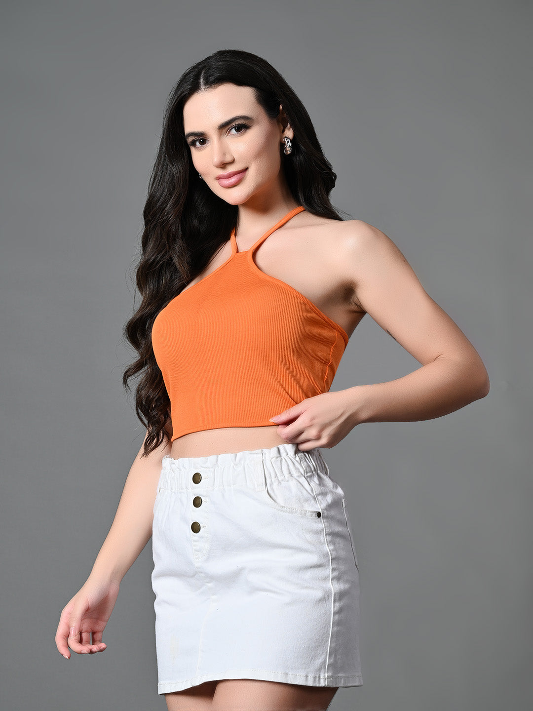 Myshka Women's Ribbed Halter Neck Sleeveless Top in Orange Color