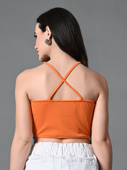 Myshka Women's Ribbed Halter Neck Sleeveless Top in Orange Color