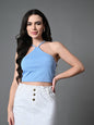 Myshka Women's Ribbed Halter Neck Sleeveless Top in Blue Color