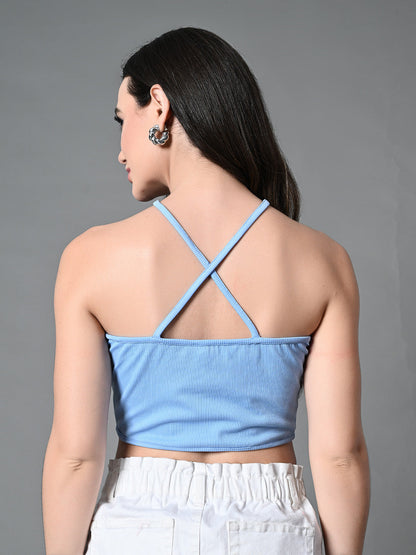 Myshka Women's Ribbed Halter Neck Sleeveless Top in Blue Color
