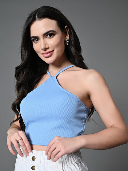 Myshka Women's Ribbed Halter Neck Sleeveless Top in Blue Color