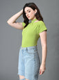 Myshka Women's Ribbed Choker Neck Cut-out Short Sleeves Top in Green Color