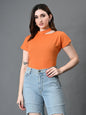 Myshka Women's Ribbed Choker Neck Cut-out Short Sleeves Top in Orange Color