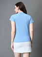 Myshka Women's Ribbed Choker Neck Cut-out Short Sleeves Top in Blue Color