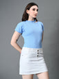 Myshka Women's Ribbed Choker Neck Cut-out Short Sleeves Top in Blue Color