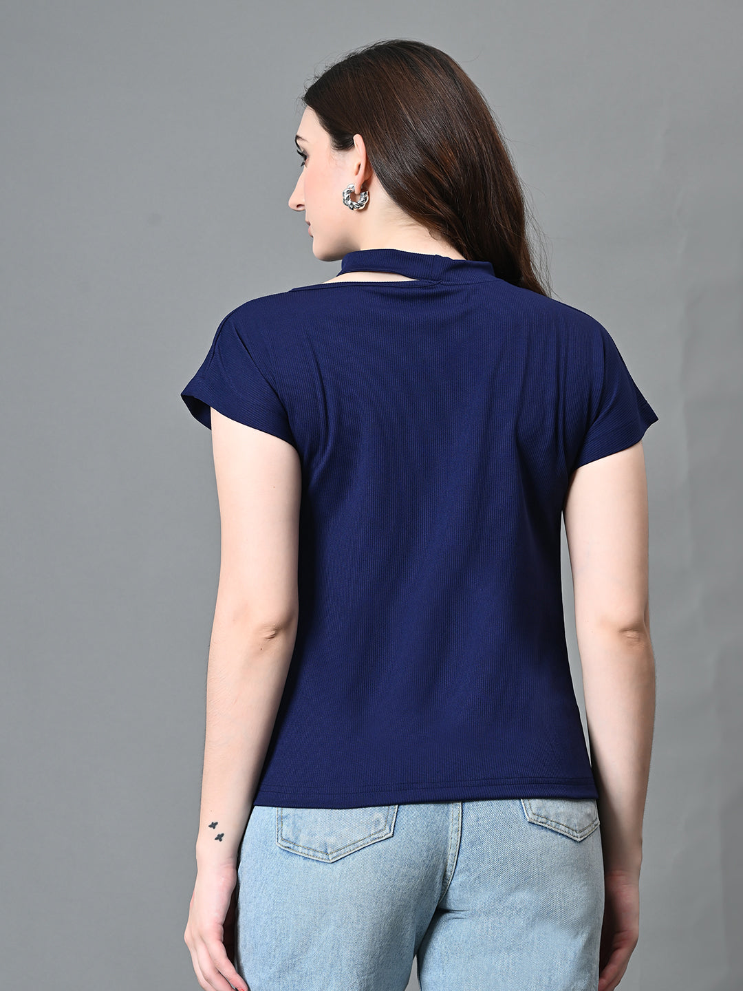 Myshka Women's Ribbed Choker Neck Cut-out Short Sleeves Top in Navy Blue Color