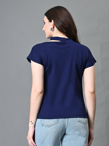Myshka Women's Ribbed Choker Neck Cut-out Short Sleeves Top in Navy Blue Color